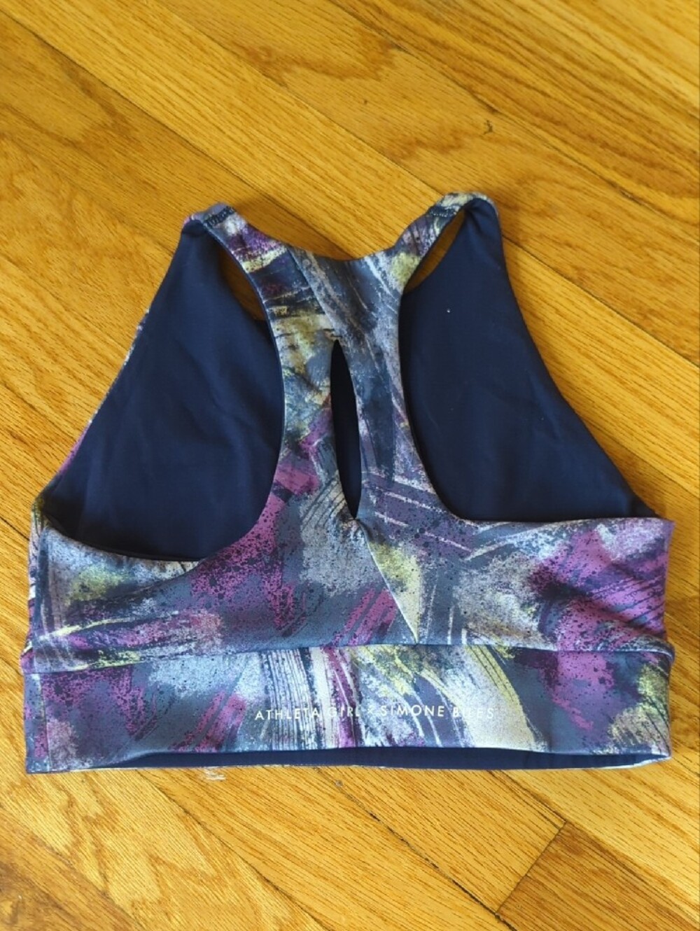 Athleta High-Neck Sports Bra in Purple, Navy & Yellow Brushprint - Picture 2 of 3
